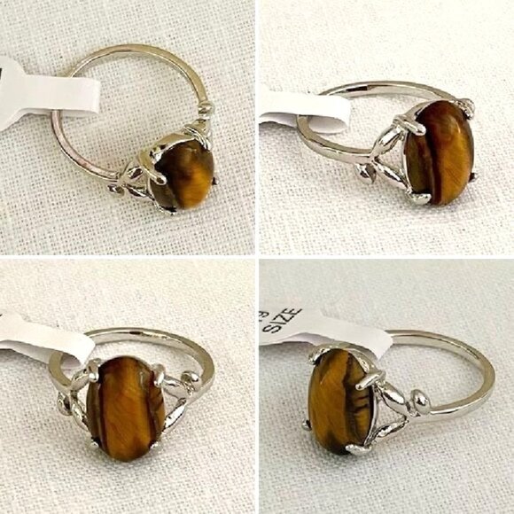 Tigers Eye Gemstone Ring Size 9.75 on Silvertone with Vine Accents on Band - Picture 11 of 12